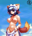  animal_ears blue_eyes blue_hair blush breasts hisahiko kokubunji_koyori large_breasts maid nurse_witch_komugi-chan solo tail undressing 