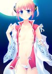  blue_eyes bun_cover double_bun flat_chest gintama kagura_(gintama) moon motomiya_mitsuki night nipples no_bra open_clothes open_shirt panties shirt short_hair solo underwear white_panties 