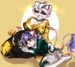  2018 anthro ari_(azra3l) belly big_belly big_breasts blue_eyes blue_hair breasts chest_tuft claws clothed clothing cub digital_media_(artwork) duo fangs feline female fur green_eyes hair heterochromia japanese_clothing kimono lion male mammal mature_woma meowowo mother mother_and_son parent pregnant saber_(firestorm3) silk silk_pajamas smile son teeth tuft voluptuous white_fur white_lion wide_hips young 