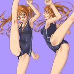  air_gear axe_kick black_school_swimsuit brown_hair cameltoe flexible glasses high_kick kicking mosha noyamano_ringo one-piece_swimsuit school_swimsuit split standing standing_on_one_leg standing_split swimsuit twintails 