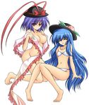  bad_feet barefoot bikini breasts danshaku hat hinanawi_tenshi laughing long_hair medium_breasts multiple_girls nagae_iku short_hair small_breasts swimsuit touhou 