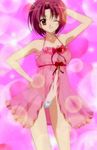  armpits bow bow_panties brown_eyes frills hairband lingerie lowleg lowleg_panties mikado_mariya navel nightgown one_eye_closed otome_wa_boku_ni_koishiteru panties purple_hair screencap short_hair smile solo stitched third-party_edit underwear white_panties 