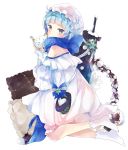  1girl absurdres ahoge bare_shoulders blue_bow blue_eyes blue_hair blue_scarf blush bow commentary dress frilled_pillow frills from_behind girls_frontline gun hair_ornament hairclip hat hat_bow highres holding inkwell looking_at_viewer looking_back merry_christmas no_shoes off-shoulder_dress off_shoulder pillow quill ribbon scarf snow snow_globe socks striped striped_ribbon tsukiyo_(skymint) weapon white_bow white_dress white_headwear white_legwear white_ribbon zas_m21_(girls_frontline) zastava_m21 