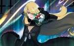  1girl bangs black_dress blonde_hair breasts cleavage dress grey_eyes hair_over_one_eye holding holding_poke_ball ishikawa_hideki long_hair looking_at_viewer medium_breasts official_art poke_ball poke_ball_(generic) pokemon pokemon_(game) pokemon_dppt pokemon_trading_card_game shirona_(pokemon) smile solo standing third-party_source 