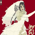  1girl bangs black_hair blush bridal_gauntlets bridal_veil color_guide dress elbow_gloves erection futanari gloves heart heart-shaped_pupils limited_palette long_hair low_twintails makoto_(neone) navel neone open_clothes open_dress open_mouth original penis red_background sidelocks simple_background solo symbol-shaped_pupils twintails veil white_dress 