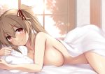  1girl blanket blush breasts hair_flaps hair_ornament hair_ribbon kantai_collection kuromayu large_breasts light_brown_hair long_hair looking_at_viewer lying murasame_(kantai_collection) navel nude on_bed on_stomach pillow red_eyes ribbon smile twintails window 