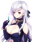  1girl alternate_costume azur_lane bangs belfast_(the_noble_attendant)_(azur_lane) braid breasts chain cleavage commentary_request dress elbow_gloves gloves hair_ribbon highres holding kyundoo large_breasts long_hair looking_at_viewer ribbon silver_hair simple_background smile solo white_background 