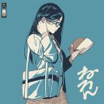  1girl aqua-framed_eyewear aqua_background bag black_hair book color_guide earbuds earphones glasses holding holding_book limited_palette long_sleeves looking_at_viewer neone open_book original plaid plaid_skirt profile shoulder_bag simple_background skirt solo upper_body 