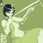  1girl armlet black_hair color_guide covered_nipples egyptian_clothes eyebrows_visible_through_hair feet_out_of_frame glasses green_background green_theme holding holding_staff limited_palette mikage_(neone) monochrome navel neone no_bra original short_hair simple_background solo staff 