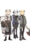  3girls arknights asymmetrical_legwear black_legwear black_skirt blonde_hair blue_jacket carrying closed_eyes dyx_(asdiandyx) grey_hair halberd height_difference holding holding_shield holding_weapon horns id_card jacket liskarm_(arknights) long_hair long_skirt multiple_girls open_clothes open_jacket platinum_blonde_hair pleated_skirt pointy_ears polearm saria_(arknights) shield shoes short_hair simple_background single_thighhigh skirt smile sneakers thighhighs vanilla_(arknights) weapon white_background 