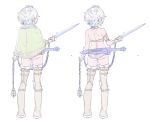  1girl absurdres arm_strap ass back ball_and_chain bare_shoulders boots bracer brown_panties chain closed_mouth contrapposto facing_away from_behind fur_trim highres holding holding_sword holding_weapon multiple_views nagisa_kurousagi original panties short_hair simple_background sword thigh_boots thighhighs underwear weapon white_background white_hair 