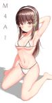  1girl arm_behind_head armpits bangs bikini blush collarbone commentary_request eyebrows_visible_through_hair girls_frontline highres kneeling long_hair looking_at_viewer m4a1_(girls_frontline) multicolored_hair navel simple_background solo streaked_hair swimsuit wabbajack white_background white_bikini white_bikini_bottom white_bikini_top 