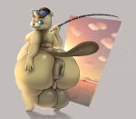  absurd_res animal_crossing anus balls beaver big_balls big_butt butt c.j._(animal_crossing) fur genitals heftyotter hi_res hyper hyper_anus mammal moobs nintendo obese overweight rodent slightly_chubby video_games 