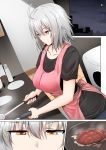  1girl ahoge apron black_shirt breasts closed_mouth collarbone cooking eyebrows_visible_through_hair fate/grand_order fate_(series) food frying_pan ginhaha hair_between_eyes highres indoors jeanne_d&#039;arc_(alter)_(fate) jeanne_d&#039;arc_(fate)_(all) kitchen large_breasts moon night night_sky plate shirt short_hair short_sleeves silver_hair sky steak stove yellow_eyes 