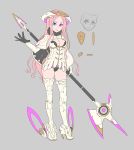  1girl absurdres armor blue_eyes boots breasts capelet closed_mouth contrapposto elbow_gloves full_body gloves grey_background halo heterochromia high_heel_boots high_heels highres holding holding_weapon leotard long_hair looking_at_viewer medium_breasts nagisa_kurousagi original pink_eyes pink_hair poleaxe simple_background solo standing thigh_boots thighhighs weapon white_capelet white_legwear 