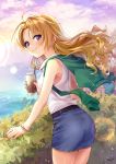  1girl alternate_hairstyle ass blonde_hair blue_skirt blush bracelet casual cloud commentary_request cup drinking_glass earrings green_jacket hair_down highres holding holding_cup idolmaster idolmaster_cinderella_girls jacket jacket_on_shoulders jewelry kakitsubata_zero kiryuu_tsukasa_(idolmaster) long_hair looking_at_viewer looking_back nail_polish ocean purple_eyes purple_sky red_nails shirt signature skirt smile solo sparkle white_shirt 