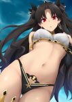  1girl armlet asymmetrical_legwear asymmetrical_sleeves black_bikini_bottom black_ribbon commentary commentary_request crown earrings elbow_gloves fate/grand_order fate_(series) gloves hair_ribbon highres hoop_earrings ishtar_(fate)_(all) ishtar_(fate/grand_order) jampen jewelry looking_at_viewer navel neck_ring ribbon single_elbow_glove single_sleeve single_thighhigh solo thighhighs tiara twintails two_side_up white_bikini_top 