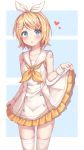  1girl absurdres bangs bare_shoulders blonde_hair blue_eyes blush collarbone commentary_request dress dress_lift eyebrows_visible_through_hair frills hair_ornament hairband hairclip heart heart_print highres kagamine_rin looking_at_viewer open_mouth ribbon short_hair sleeveless sleeveless_dress solo thighhighs vocaloid wabbajack white_dress white_hairband white_legwear 