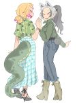  2girls african_rock_python_(kemono_friends) alternate_costume animal_ears bear_ears bear_tail blonde_hair blouse blush boots casual closed_eyes collared_shirt contemporary denim ezo_brown_bear_(kemono_friends) facing_another fang fingernails full_body grey_hair hair_ornament hair_scrunchie hand_up hands_together high_heels high_ponytail highres igarashi_(nogiheta) jeans kemono_friends long_skirt long_sleeves looking_at_viewer medium_hair multicolored_hair multiple_girls nail_polish open_mouth outstretched_arm pants pink_hair pink_nails pocket ponytail scrunchie shirt simple_background skirt smile snake_tail tail tail_through_clothes two-tone_hair walking white_background 