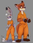  2019 anthro barefoot bodily_fluids brown_body brown_fur buckteeth canid canine cheek_tuft clothed clothing cross-popping_vein dipstick_ears disney duo facial_tuft female fox fully_clothed fur grey_background grey_body grey_fur handcuffed judy_hopps jumpsuit lagomorph leporid male mammal multicolored_ears nick_wilde pixiefyre prison_jumpsuit prison_uniform rabbit red_fox simple_background standing sweat sweatdrop teeth tuft vein zootopia 