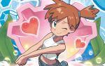  1girl ;) aqua_eyes blue_eyes breasts brown_hair bubble clam_shell closed_mouth floral_background flower gym_leader heart ishikawa_hideki kasumi_(pokemon) looking_at_viewer midriff navel official_art one_eye_closed orange_hair pokemon pokemon_(game) pokemon_lgpe pokemon_trading_card_game ponytail seaweed shoes short_hair shorts side_ponytail single_shoe small_breasts smile sneakers solo standing tank_top third-party_source tied_hair 