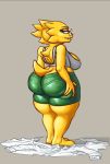  alphys anthro azai bedroom_eyes big_breasts big_butt bite biting_lip blue_eyes bottomwear breasts butt clothing coat crop_top curvy_figure eyewear female glasses hi_res holding_butt lab_coat looking_at_viewer looking_back midriff narrowed_eyes non-mammal_breasts panty_lines rear_view reptile scales scalie seductive shirt shorts solo squish standing thick_thighs thigh_squish tight_bottomwear tight_clothing tight_shorts topwear undertale video_games voluptuous wide_hips yellow_body yellow_scales 
