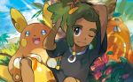  1boy alolan_form alolan_raichu gen_7_pokemon hau_(pokemon) iribi_you male_focus official_art one_eye_closed pokemon pokemon_(game) pokemon_sm pokemon_trading_card_game third-party_source 