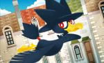  0313 bird bird_focus blue_sky cloud cloudy_sky creature day door flying full_body gen_2_pokemon house looking_at_viewer murkrow no_humans official_art outdoors pokemon pokemon_(creature) pokemon_trading_card_game red_eyes sky solo window 