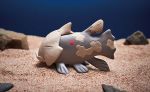  closed_eyes closed_mouth creature fish from_side full_body gen_3_pokemon morii_yuka no_humans official_art photo pokemon pokemon_(creature) pokemon_trading_card_game profile relicanth rock sand solo third-party_source 