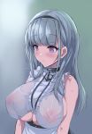  1girl anchor_choker apron azur_lane bangs bare_shoulders black_hairband blunt_bangs blush breasts center_frills choker closed_mouth covered_nipples dido_(azur_lane) frilled_choker frills hairband highres lace-trimmed_hairband large_breasts long_hair purple_eyes shirt sideboob silver_hair sleeveless sleeveless_shirt solo underboob underboob_cutout upanishi waist_apron wet wet_clothes white_apron 