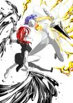  2others bangs black_shorts blue_hair blunt_bangs collared_shirt crystal_hair enoki-kou gem_uniform_(houseki_no_kuni) golden_arms heterochromia highres houseki_no_kuni mercury multiple_others phosphophyllite phosphophyllite_(ll) puffy_short_sleeves puffy_sleeves red_eyes red_hair shinsha_(houseki_no_kuni) shirt short_hair short_shorts short_sleeves shorts simple_background vs white_background white_eyes white_skin 