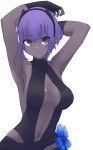  1girl armpits arms_behind_head arms_up bangs bare_shoulders black_eyes black_gloves black_hairband black_leotard breasts center_opening closed_mouth dark_skin fate/prototype fate/prototype:_fragments_of_blue_and_silver fate_(series) fingerless_gloves flower gloves grey_skin hair_between_eyes hairband hassan_of_serenity_(fate) highres large_breasts leotard looking_at_viewer navel niwaikanai purple_hair short_hair simple_background solo white_background 