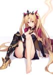  1girl asymmetrical_legwear asymmetrical_sleeves bangs between_breasts blonde_hair blush breasts cape detached_collar earrings ereshkigal_(fate/grand_order) fate/grand_order fate_(series) feet fur-trimmed_cape fur_trim gold_trim hoop_earrings infinity jewelry knees_up large_breasts legs long_hair looking_at_viewer meslamtaea_(weapon) multicolored multicolored_cape multicolored_clothes necklace parted_bangs red_cape red_eyes sakanasoko simple_background single_thighhigh sitting skull solo spine thighhighs tiara two_side_up white_background yellow_cape 
