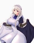 1girl apron azur_lane belfast_(azur_lane) breasts dress gloves hair_ornament hairband highres kdkaikai large_breasts long_hair looking_at_viewer maid maid_apron maid_dress maid_headdress purple_eyes silver_hair simple_background smile solo tagme white_background 