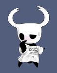  2020 absurd_res arthropod balls black_body black_skin blush bodily_fluids bulge clothing cum english_text erection erection_under_clothing genital_fluids genitals hi_res hollow_knight insect male oversized_shirt picaipii protagonist_(hollow_knight) shirt simple_background solo standing sweat team_cherry text topwear vessel_(species) video_games white_clothing white_shirt white_topwear 