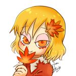  1girl aki_shizuha avatar_icon blonde_hair chamaji commentary covering_mouth dress eyebrows_visible_through_hair hair_between_eyes hair_ornament leaf leaf_hair_ornament leaf_on_head looking_at_viewer lowres maple_leaf red_dress short_hair signature smile solo touhou white_background yellow_eyes 