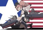  1girl american_flag anchor_hair_ornament atlanta_(kantai_collection) boushi-ya breasts brown_hair camouflage camouflage_skirt earrings eyebrows_visible_through_hair from_side full_body garrison_cap garter_straps gloves hair_ornament hat headgear high-waist_skirt jewelry kantai_collection long_hair partly_fingerless_gloves profile rigging single_earring skirt solo star star_earrings twintails 