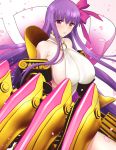  1girl bangs bare_shoulders belt_collar blush breasts claw_(weapon) claws closed_mouth collar crying fate/extra fate/extra_ccc fate/grand_order fate_(series) gradient gradient_background hair_ribbon highres huge_breasts long_hair looking_at_viewer merokonbu0 o-ring o-ring_top passion_lip petals pink_background pink_eyes pink_ribbon purple_hair ribbon sideboob solo weapon 