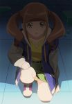  1girl bangs blunt_bangs brown_eyes brown_hair eyebrows_visible_through_hair green_skirt haruyama_kazunori healin&#039;_good_precure hiramitsu_hinata jacket kneeling long_sleeves looking_at_viewer panties pantyshot pantyshot_(kneeling) precure shirt shoes short_hair skirt solo striped striped_panties twintails underwear yellow_shirt 