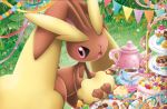  :o bunny cake candy cookie creature cup food gen_4_pokemon grass himeno_kagemaru lopunny macaron no_humans official_art pink_eyes pokemon pokemon_(creature) pokemon_trading_card_game saucer solo standing table tablecloth tea teacup third-party_source 