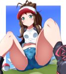  1girl baseball_cap black_vest breasts brown_hair closed_mouth danpu denim denim_shorts hat highres long_hair looking_at_viewer m_legs navel poke_ball poke_ball_(generic) pokemon pokemon_(game) ponytail short_shorts shorts solo spread_legs touko_(pokemon) vest 