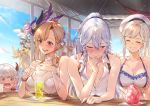  6+girls ahoge azrael_(granblue_fantasy) bangle bangs bare_shoulders bikini black_hair blonde_hair blue_eyes blush bracelet braid breasts brown_eyes brown_hair camieux cleavage closed_eyes collarbone cucouroux_(granblue_fantasy) curly_hair dark_skin day draph drinking_straw drooling eyebrows_visible_through_hair eyewear_on_head feathered_wings flower granblue_fantasy grin hair_between_eyes hair_flower hair_ornament hairband halo hand_on_another&#039;s_shoulder harut_(granblue_fantasy) head_wings hickey highres horns implied_yuri indoors israfel_(granblue_fantasy) jewelry kakage large_breasts lipstick_mark long_hair looking_at_viewer marut_(granblue_fantasy) medium_breasts multiple_girls one_eye_closed open_mouth peeking_out purple_bikini purple_eyes rose silva_(granblue_fantasy) silver_hair smile song_(granblue_fantasy) sunglasses swimsuit twin_braids very_long_hair when_you_see_it wide-eyed wings yellow_eyes 