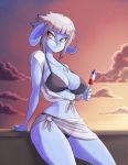  2016 5_fingers alien bikini breasts celeste_(huniepop) cleavage clothed clothing cloud digital_media_(artwork) female fingers food hair hi_res holding_foood horn horned_humanoid humanoid huniepop not_furry popsicle skecchiart sky smile solo sunset swimwear white_hair yellow_eyes 