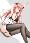  1girl absurdres black_bra black_legwear black_panties bow bra breasts cleavage collarbone girls_frontline hair_bow highres long_hair m82a1_(girls_frontline) one_eye_closed panties pantyshot pink_eyes pink_hair sellf simple_background sitting sitting_on_lap sitting_on_person solo thighhighs tight underwear very_long_hair 