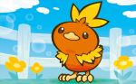  bird bird_focus blue_sky cloud cloudy_sky creature day fence flower full_body gen_3_pokemon mahou no_humans official_art outdoors pokemon pokemon_(creature) pokemon_trading_card_game sky standing third-party_source torchic 