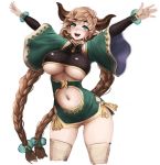  1girl :d barbariank braid breasts brown_hair carmelina_(granblue_fantasy) commentary cowboy_shot detached_sleeves draph english_commentary eyebrows_visible_through_hair granblue_fantasy green_eyes horns large_breasts long_hair looking_at_viewer navel open_mouth pointy_ears simple_background smile solo thighhighs twin_braids underboob very_long_hair white_background wide_sleeves 