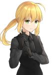  1girl adjusting_clothes adjusting_gloves ahoge artoria_pendragon_(all) bangs black_gloves black_neckwear black_shirt blonde_hair closed_mouth collared_shirt fate/zero fate_(series) floating_hair formal gloves green_eyes hair_between_eyes highres long_hair long_sleeves looking_at_viewer necktie ponytail saber shirt simple_background solo tsurupy upper_body white_background wing_collar 