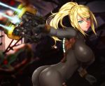 1girl aqua_eyes ass bangs blonde_hair blurry blurry_background bodysuit breasts closed_mouth commentary dead_space esther eyebrows_visible_through_hair holding holding_weapon large_breasts laser_sight lips long_hair long_sleeves looking_at_viewer metroid mole mole_under_mouth plasma_cutter ponytail samus_aran shiny shiny_clothes shiny_hair signature skin_tight solo tied_hair weapon zero_suit 