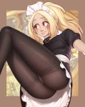  1girl absurdres ass blonde_hair breasts closed_mouth dark_skin gravity_daze highres kitten_(gravity_daze) legs long_hair maid nickleflick pantyhose ponytail red_eyes solo 