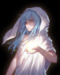  1other bare_arms bare_shoulders black_background blue_hair commentary_request dark glowing hood long_hair looking_away messy_hair orb parted_lips rimuru_tempest robe simple_background solo tensei_shitara_slime_datta_ken upper_body yellow_eyes yilocity 